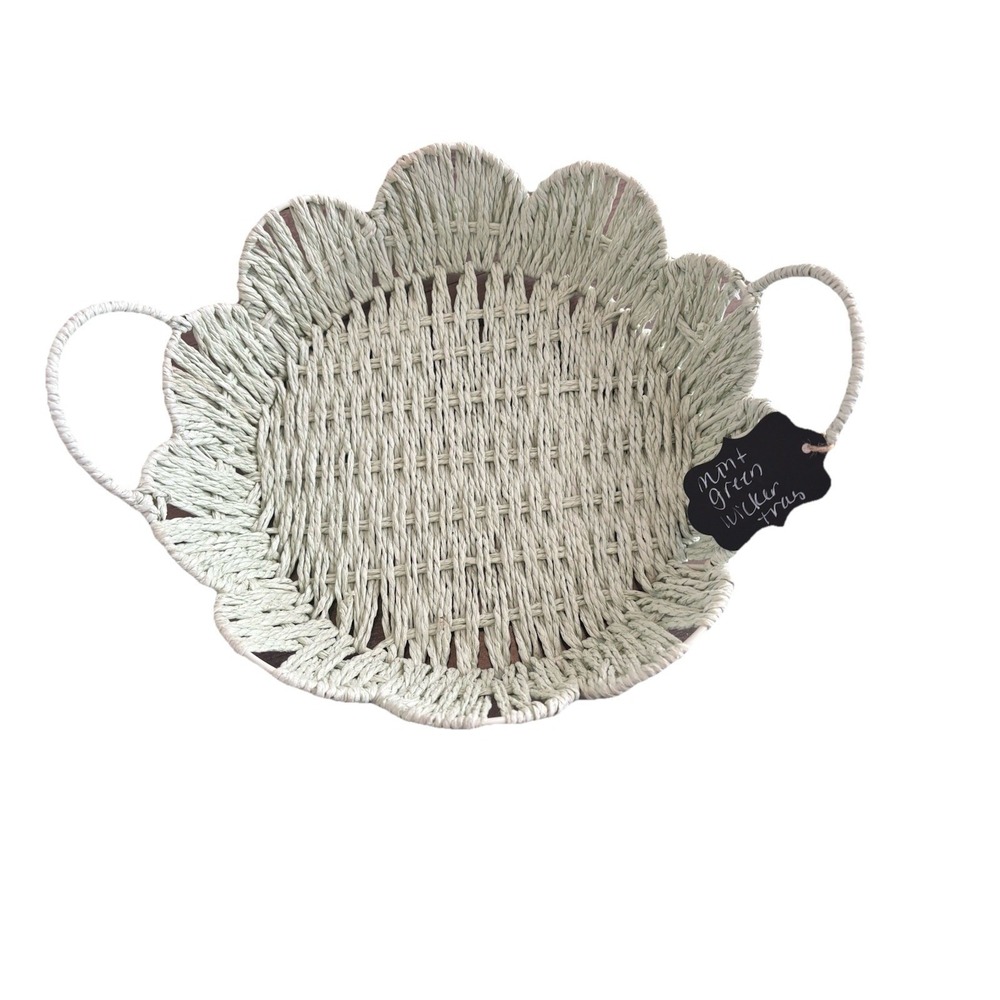 Mint Green Wicker Tray With Handles Top Opening 12"X 3"Tall X 9.5"Base